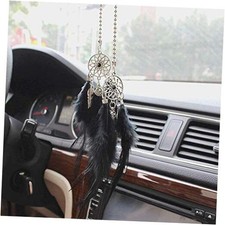 Car Rear View Mirror Hanging Pendant, Feather Dream Catcher Crystal Charm Black