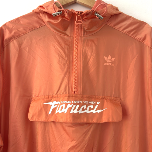 Adidas Fiorucci Jacket Size 10/12 Orange Hooded Windbreaker Side Slits Pocket - Picture 3 of 11