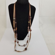 Brown Double Strand Beaded Necklace Turtle Silver Tone Beads & Clasp Unboxed