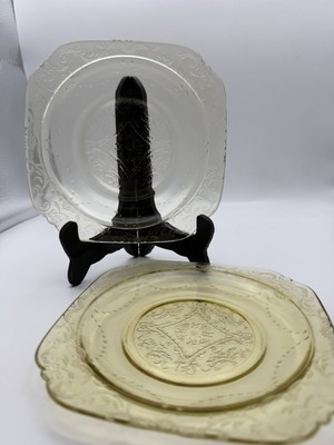 Two 6  Square Federal Glass Depression Madrid Amber Bread Plates