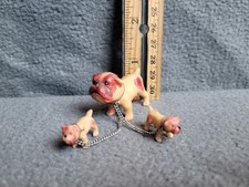 Vtg Bull dog Mama with 2 Puppies On Chain Leash 