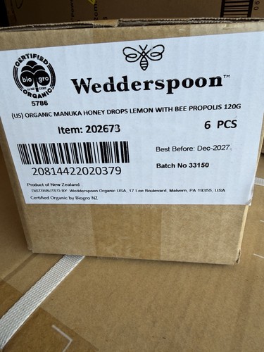 Lot of 6 Wedderspoon Organic Manuka Honey Drops Lemon W/Bee Propolis 4 oz Each