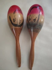 Vintage Original Hand Painted Wooden Maracas Lot Of 2 Mexico