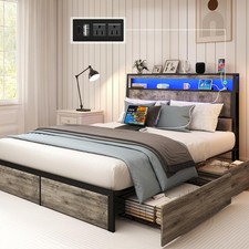 Full Size LED Bed Frame with Storage Headboard and 4 Drawers Charging Station