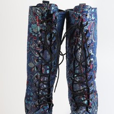 Blue Floral Brocade Lace Up Tall Boots Victorian Steampunk Mid Calf Navy Blue
