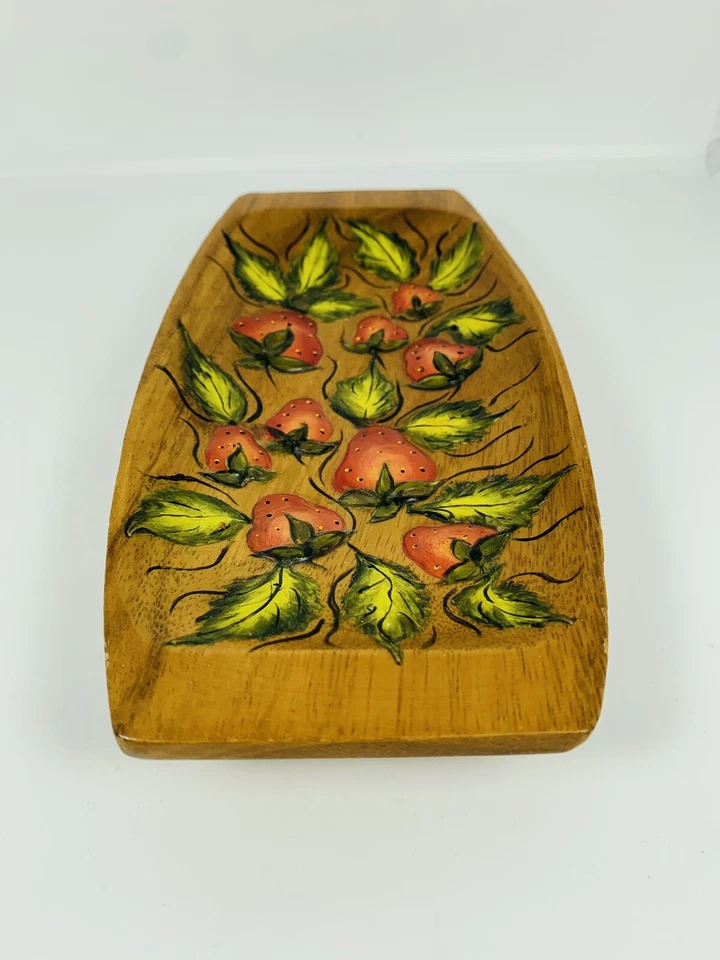 Bandeja de fresa de madera tallada pintada a mano plato arte popular casa núcleo de colección Foto 4 de 4