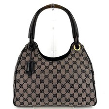 GUCCI GG Canvas Wood Handle Handbag Tote Bag Hobo Navy Gray Gold Rare