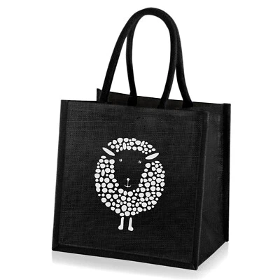 COOCOO Medium Jute Hessian Black Shopping Bag Shopper - Sheep Motif Design