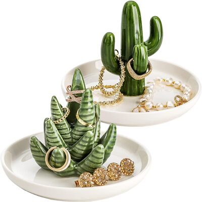 Elsjoy Set of 2 Aloe and Cactus Ring Holder Dish, Ceramic 5.3