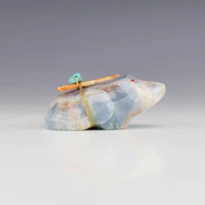 NATIVE AMERICAN ZUNI BLUE CALCITE FROG FETISH BY LELAND BOONE & DAPHNE QUAM