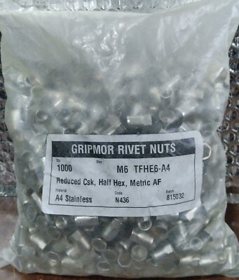 Gripmor Rivet Nuts A4 Stainless M6 TFHE6-A4 Half Hex Metric AF ~ Qty ...