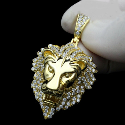 Men's 14K Solid Yellow Gold Finish 2.00 CT Diamond Lion Head Pendant Charm Piece