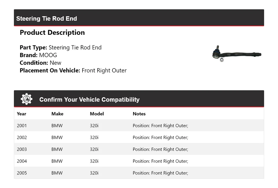 For 2001-2005 BMW 320i Steering Tie Rod End Front Right Outer MOOG 2001 2002 - Image 2 of 4