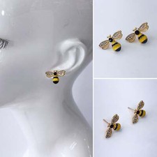 Gold Finish Yellow Bee Clear Rhinestones Post Back Stud Earrings