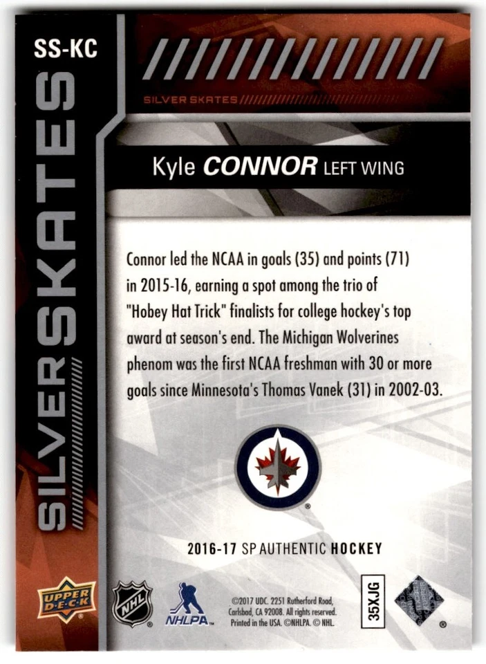 2016-17 SP Authentic Silver Skates Kyle Connor Rookie #SS-KC Winnipeg Jets - Image 2 of 2