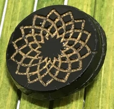 Antique Jet Black Glass Button Gold Foil Embedded Geometric Tunnel Shank 5/8"