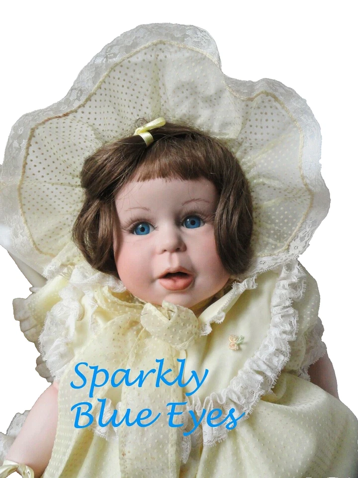 VTG 1987 Ceramic/Cloth DeHetre Punkin Baby Girl Doll Blue Eye Eyelash Brown Hair - Image 4 of 4