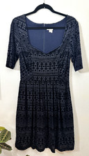 Anthropologie Meadow Rue Navy Short Sleeve Geo-Burnout Velvet Dress Women Medium