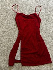 Red Sparkly Cowl Neck Mini Dress with Rhinestone Fringe Slit