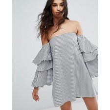 Faithfull the Brand Blue & White Phi Phi Pinstripe DRAMA SLEEVE Mini Dress US 2