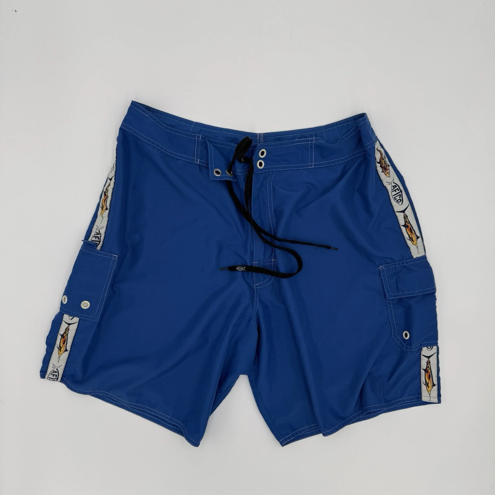 AFTCO Bluewater Board Shorts Men’s 32 Blue Fishing Swim Trunks Marlin Logo