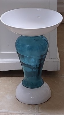 Beautiful  Turquoise Blue And White Ceramic Glass Birdbath 19 H X 13 W