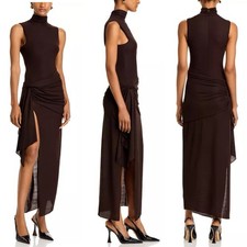 $498 Ronny Kobo Crystal Mesh Chocolate Brown Dress w/ Draping at Waist- LRG