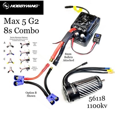 RCP-RTR Hobbywing EZRUN Max 5 G2 ESC-56118 1100kv 8s Combo 8mm Bullets Attached