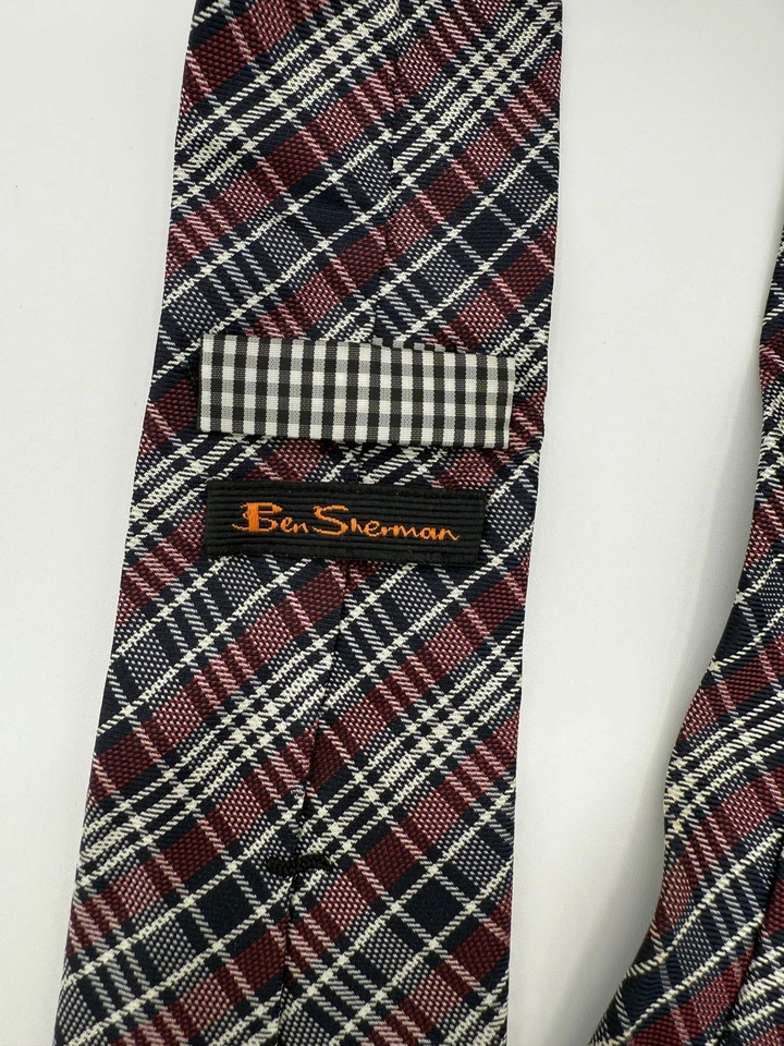Gravata Ben Sherman masculina xadrez vermelha azul branca clássica feita à mão padrão xadrez - Imagem 2 de 4