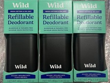 WILD Refillable Deodorant  fresh cotton  sea salt  1.4oz Ea X3, Aluminum Free