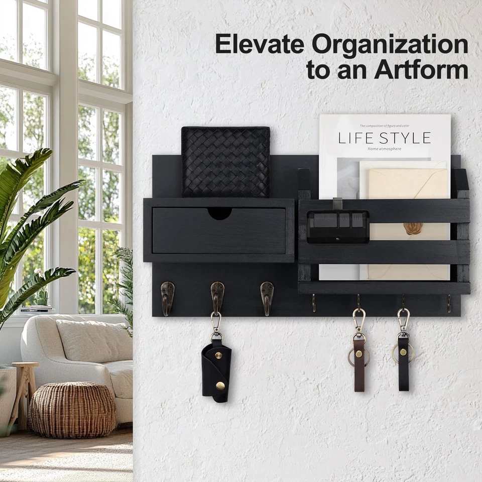 Wall Mount Key Holder with Mail Organizer, 100% Paulownia Wood, 7 Metal Hooks... - Image 3 of 4