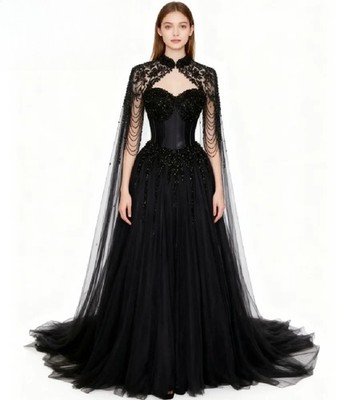 Medieval Gothic Black Wedding Dress Vintage Beaded Lace Bohemian Bride Dress HOT