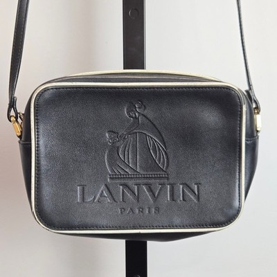 Lanvin Calfskin Leather Nomad Crossbody Purse Bag Black Contrast Piping Luxury