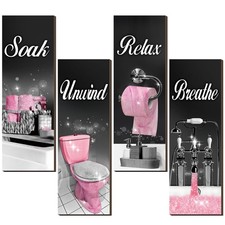 4 Pcs Bathroom Wall Decor, Farmhouse Wooden Signs with Soak Unwind Relax Breathe