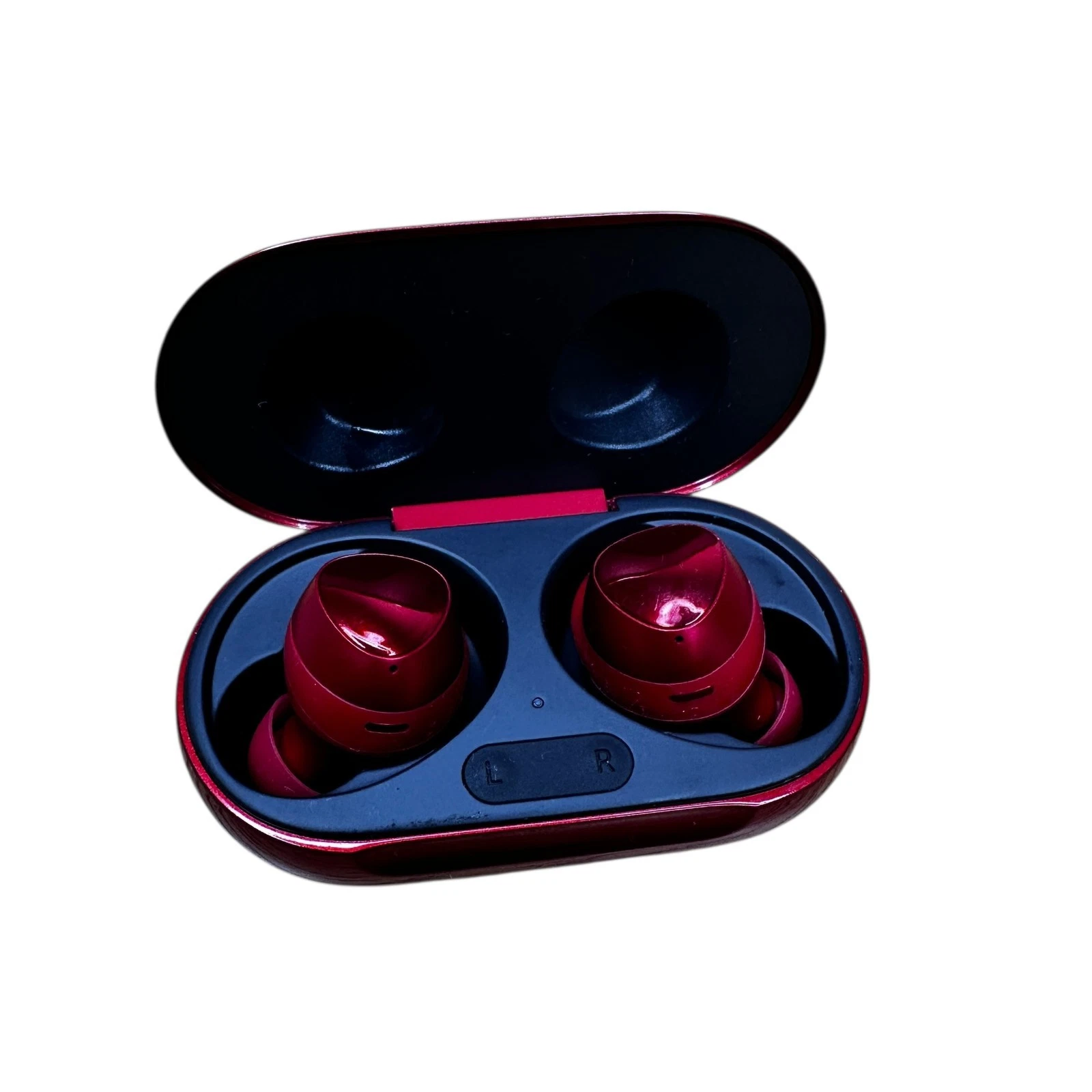 Samsung Galaxy Buds+ red earbuds and case close-up