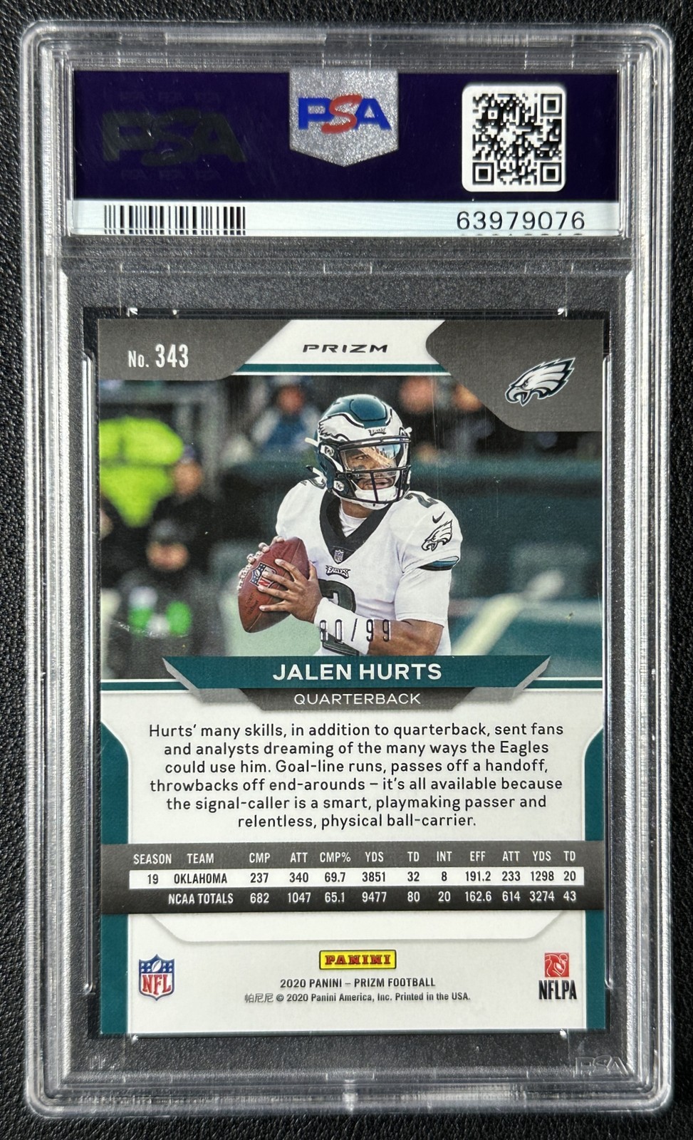 JALEN HURTS PSA 9 2020 PANINI PRIZM #343 ROOKIE BLUE ICE RC 80/99 EAGLES view 2