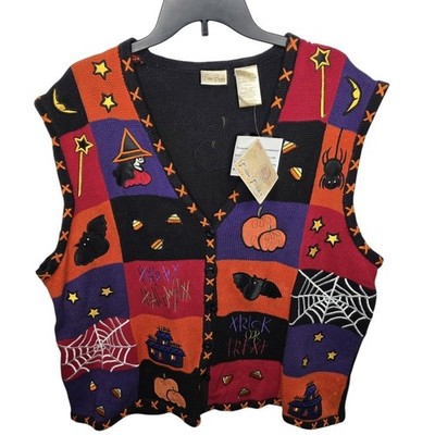 Vintage Bobbie Brooks Halloween Sweater Vest Size 2XL Spider Pumpkin Bat Candy