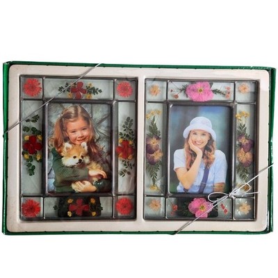 Vintage Picture Frame Set Floral Dried Flowers Clear 2 Stain Glass 90s NEW