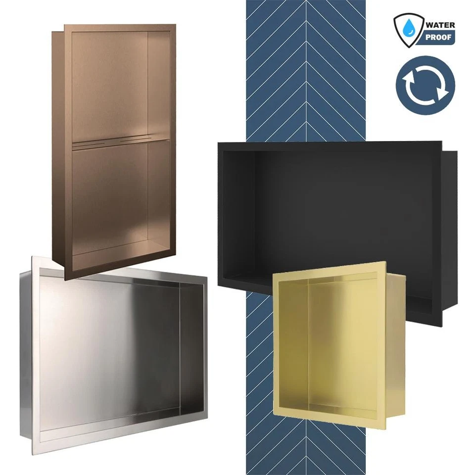 NWT DIRECT Bathroom Shower Niche Rectangular Square Stainless Steel Reversible 4 Finishes