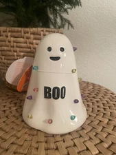 White Ceramic Multicolor Light Up "Boo" Smile Ghost Halloween Tabletop Decor