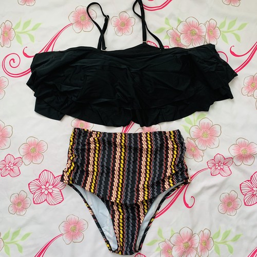 Tempt Me Women Two Piece Swimsuit High Waisted Off, Bk Stripe-2, Size Medium NWT