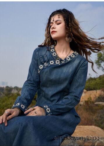 Women's Vintage Jeans Dress Denim Cheongsam Maxi Shirt Dresses Long Sleeve Dress - Picture 7 of 18