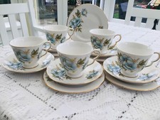 Queen Anne Bone China Blue and Yellow Flower 5 Trios Cups Saucers Side Plates