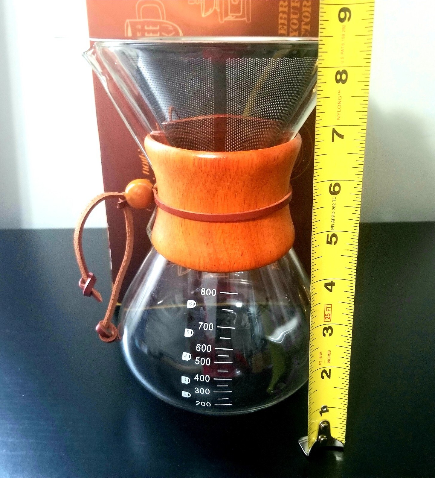 New Drip Glass Coffee Maker Carafe Pourover 6 Cup 800ml + Filter + Wood Grip