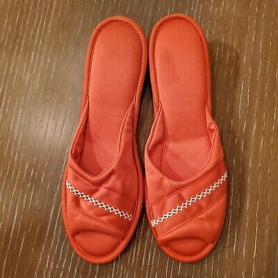 Beautiful Bright Coral Satin Wedge Peep Toe House Slippers Size M 