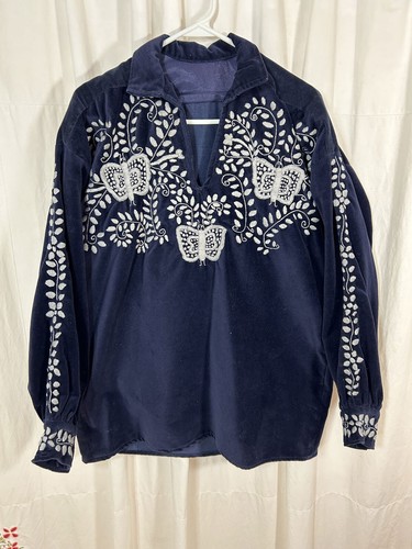 Vtg Handmade Mexican Embroidered Cotton Velvet Shirt Butterflies Flowers Sz L - Picture 8 of 8
