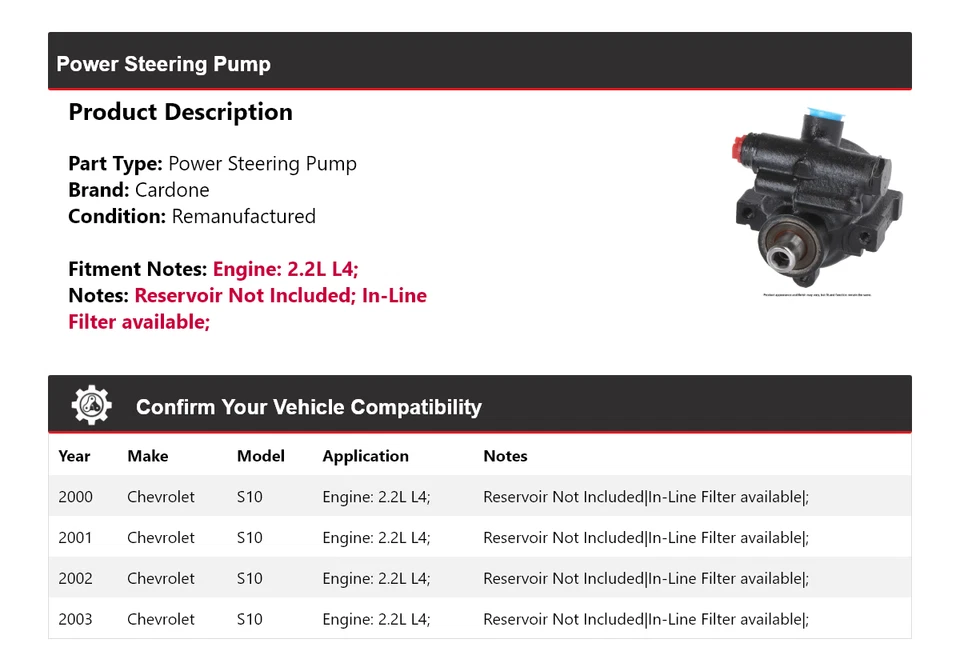 For 2000-2003 Chevrolet S10 2.2L L4 Power Steering Pump Cardone 2001 2002 - Image 2 of 4