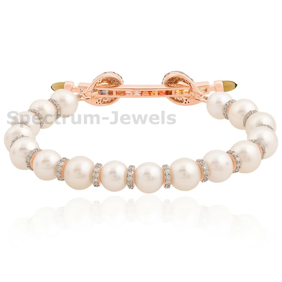 Multi Saphir Verraucht Perle Pflastern Diamant Bettelarmband 18k Rose Gold 3.87 - Bild 3 von 4