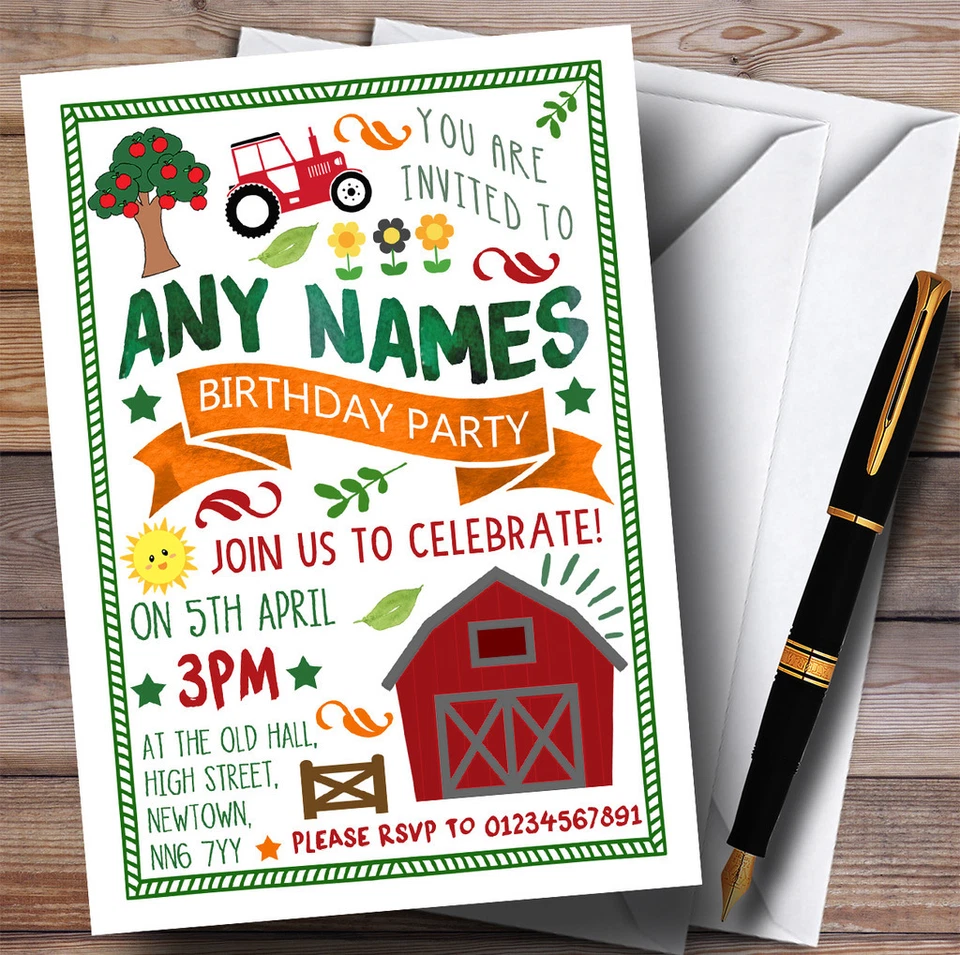 THECARDZOO Country Farm Tractor Childrens Birthday Party Invitations