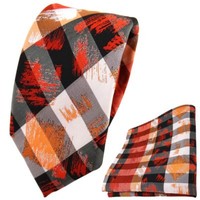 Schmale Tigertie Krawatte + Einstecktuch In Orange Grau Silber Schwarz Gestreift